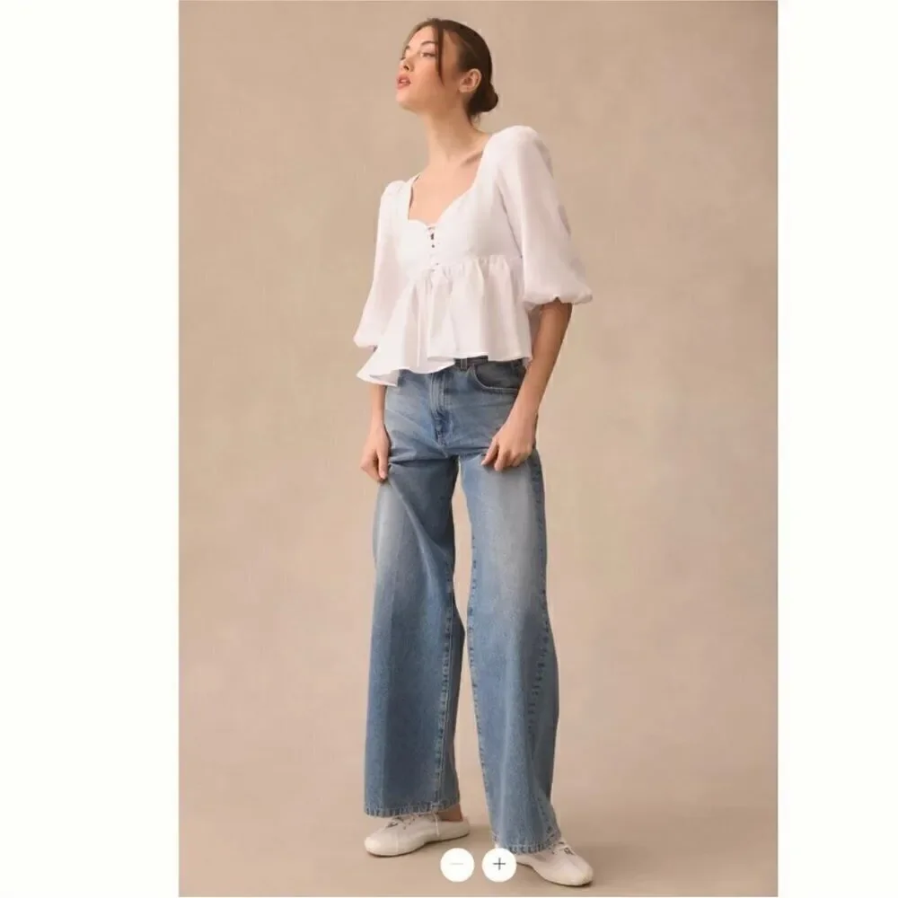 NWT Reformation Abigail White 100% Linen Puff Sleeve Prairie Blouse